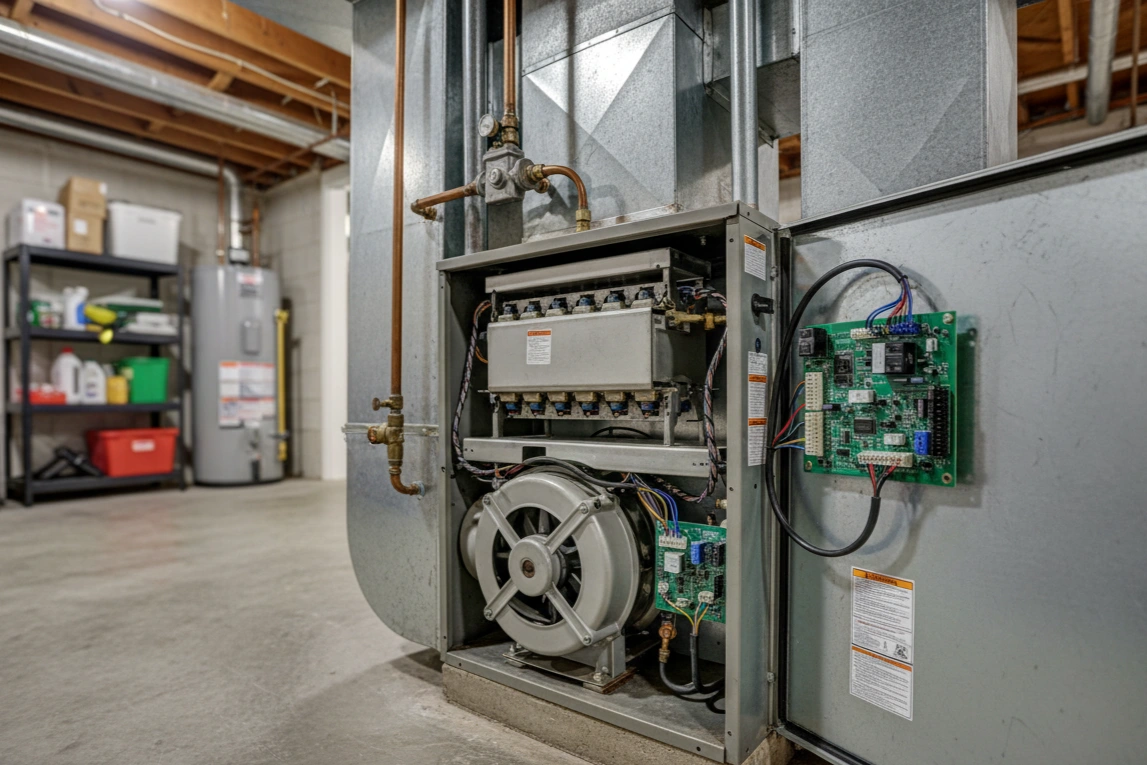 The internal components of a furnace after a successful repair service in Tulsa.